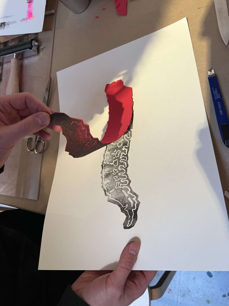 Lino print. Illustration stencil printed on paper.